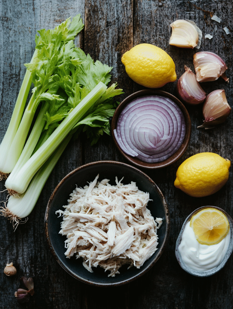 Ingredients for 5-ingredient chicken salad laid out on a kitchen counter