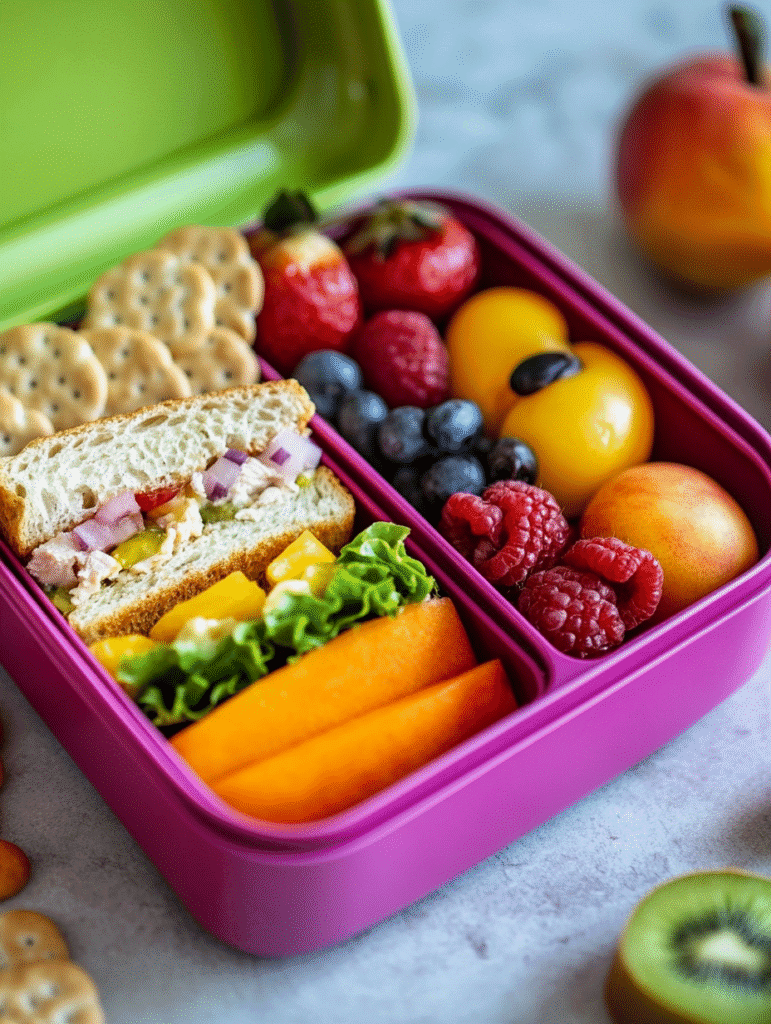 Lunchbox packed with chicken salad sandwich and snacks