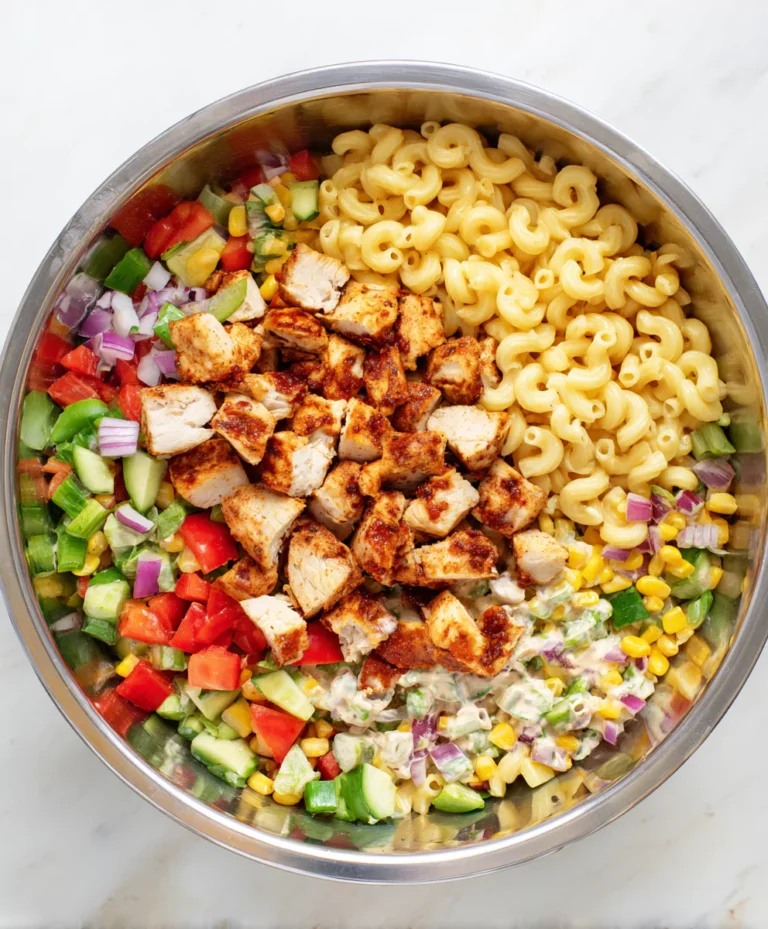 Mixing BBQ Chicken Macaroni Salad in bowl