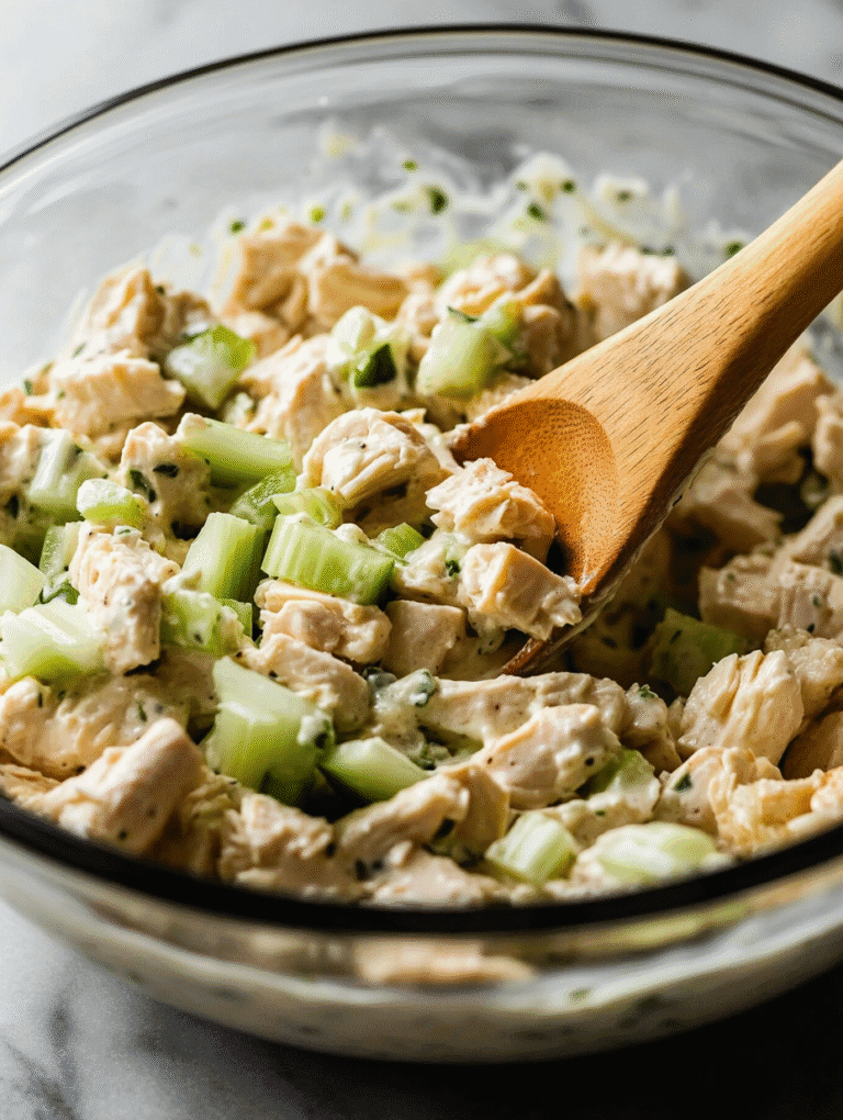 Chicken salad being mixed in a large bowl