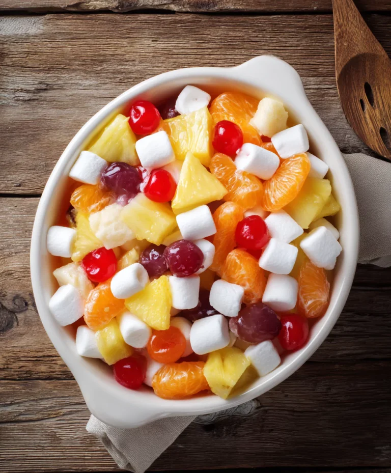 Ambrosia Fruit Salad in a white bowl with fruit and marshmallows