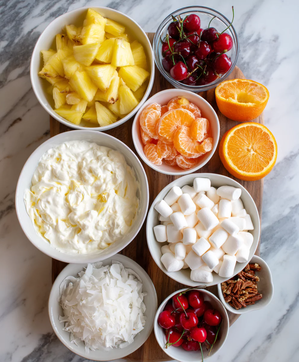 ambrosia-salad-ingredients Ingredients for ambrosia salad on kitchen counter