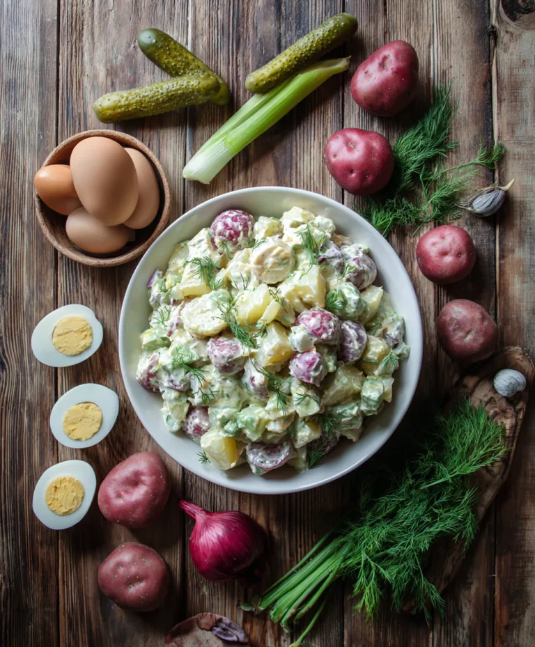 Dill pickle potato salad shown with step icons in a recipe card layout