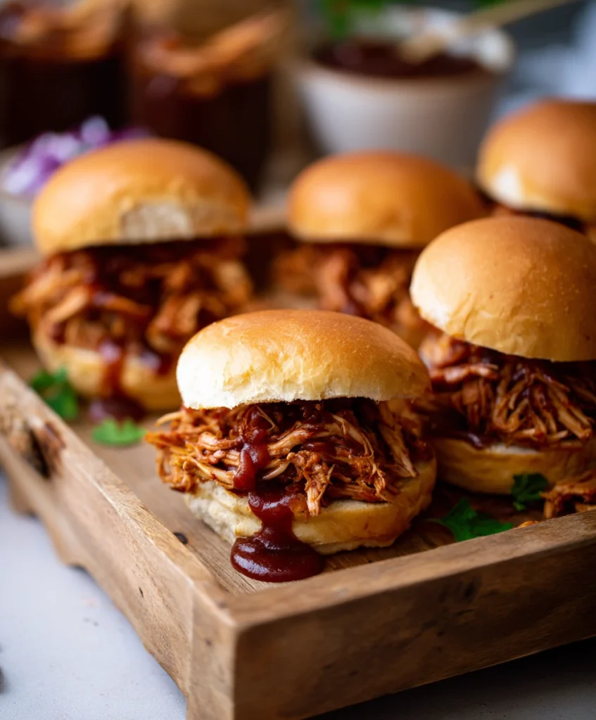 BBQ Pulled Chicken Mini Sandwiches on wooden tray