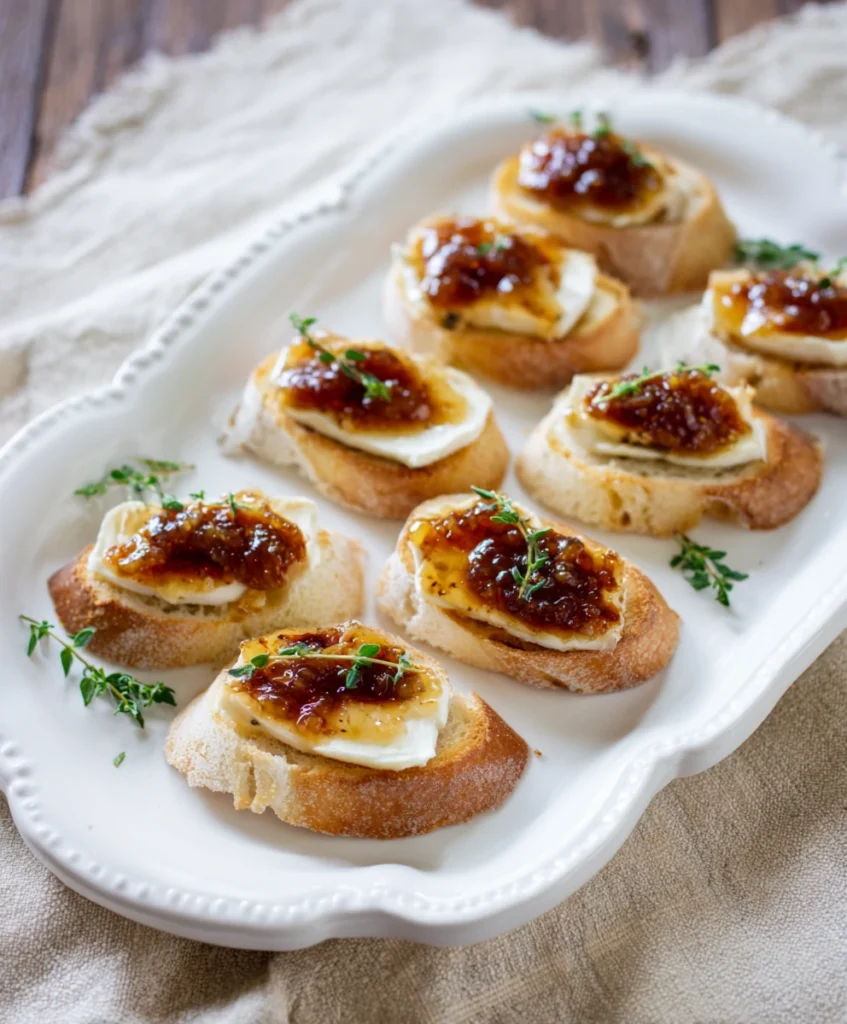 Brie and fig jam crostini served on a platter