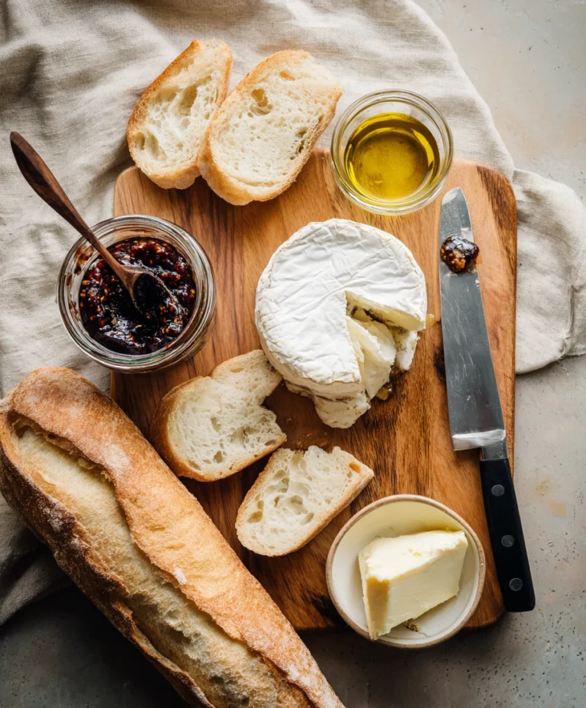Brie, fig jam, baguette, and ingredients on table