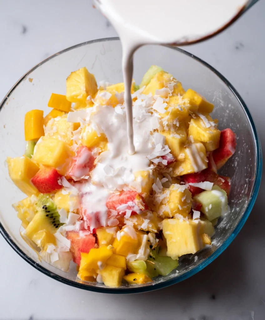 Mixing tropical fruit with coconut