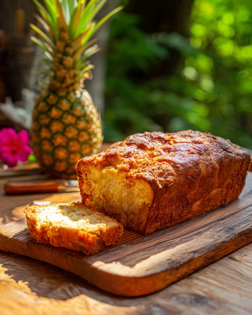 Pineapple bread recipe loaf with golden crust on wooden board