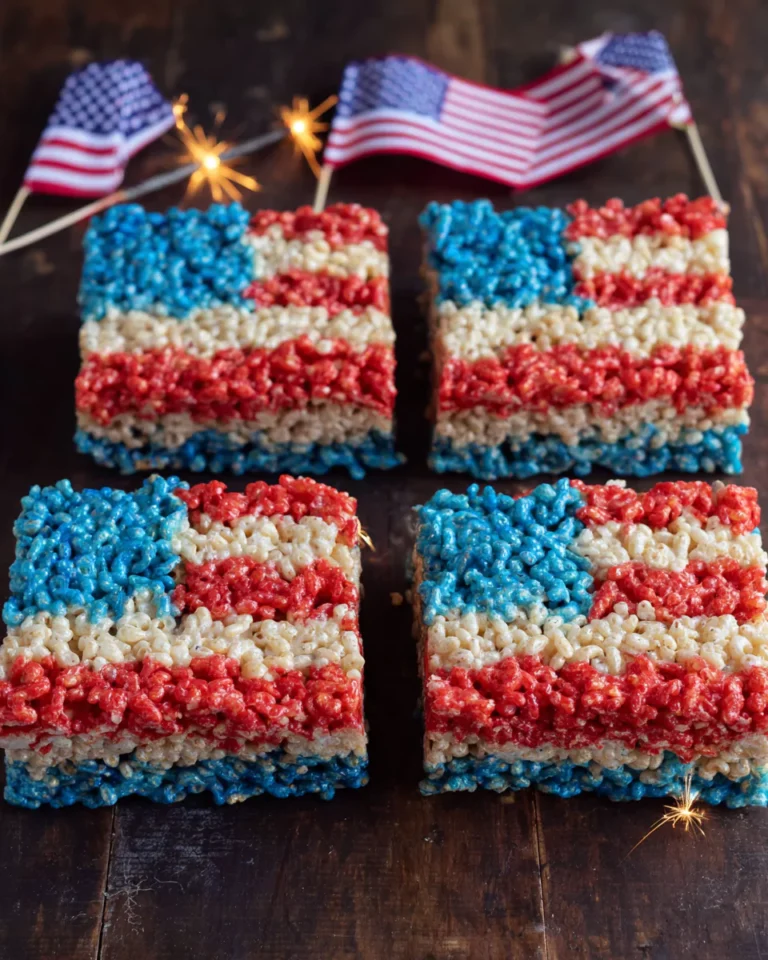 Recipe card for patriotic Rice Krispie treats