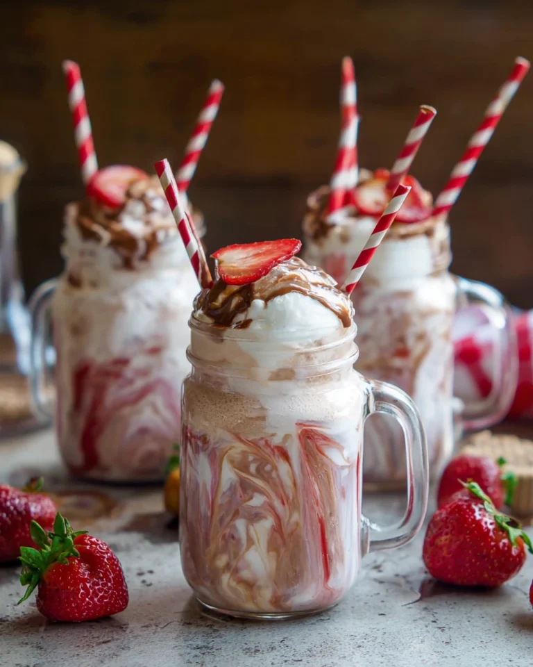 Served strawberry vanilla frosty swirl in mason jars