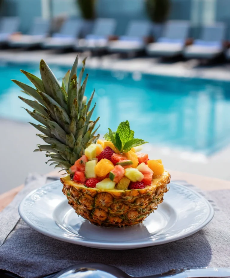 Tropical fruit salad served in pineapple