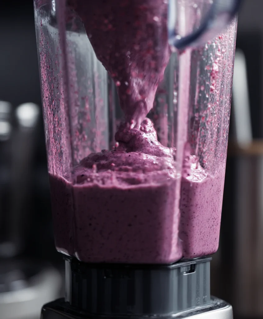 Triple berry frosty being blended in kitchen