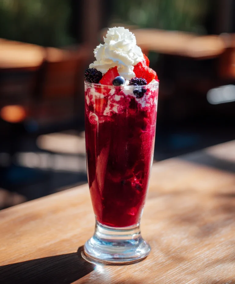 Triple berry frosty with whipped cream and berries