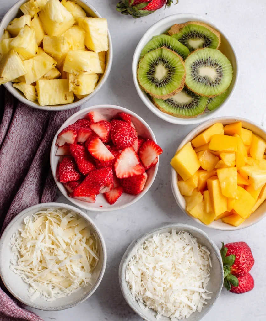 Ingredients for tropical fruit salad with coconut